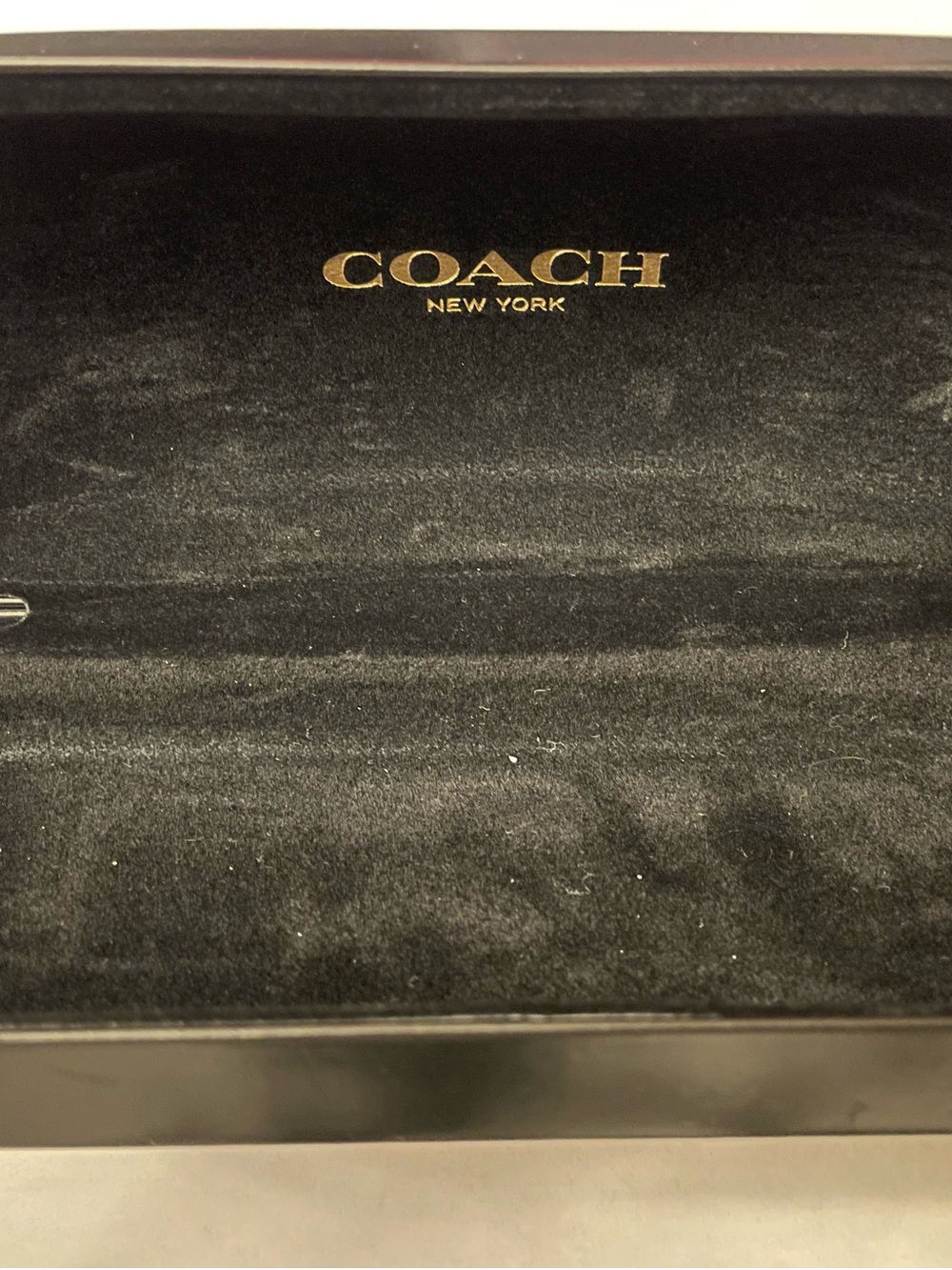 Coach Black Velvet-Lined 1.5” deep hard clamshell eyeglass Case with Gold Logo